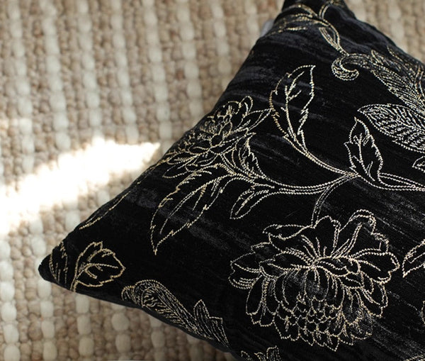 Contemporary Modern Sofa Pillows, Black Embroidery Flower Pattern Pillows for Couch, Decorative Throw Pillows for Bedroom, Large Modern Sofa Pillow for Dining Room-Silvia Home Craft