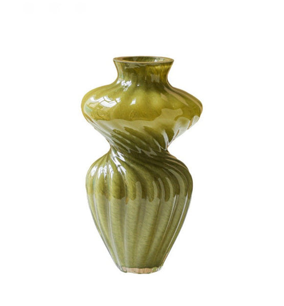 Handmade Contemporary Glass Vases, Modern Green Vases for Living Room, Mid Century Vases for Flowers, Unique Decorative Glass Vase, Centerpiece Vases on Table-Silvia Home Craft