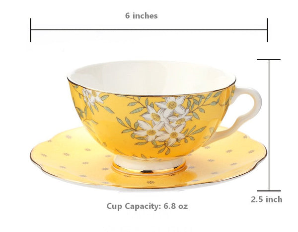 Creative Yellow Ceramic Coffee Cups, Unique Flower Coffee Cup and Saucer, Beautiful British Tea Cups, Creative Porcelain Tea Cup Set-Silvia Home Craft