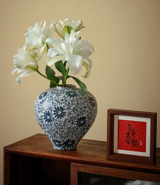 Centerpiece on Dining Table, Large Blue Flower Vase on Table, Vintage Bouquet Flower Vases, Handmade Porcelain Flower Vases Urn, Water Holding Flower Vases-Silvia Home Craft