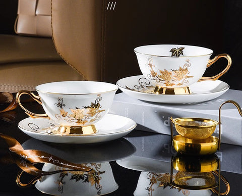 Elegant British Ceramic Coffee Cups, Golden Leaves and Grapes Bone China Porcelain Tea Cup Set, Unique British Tea Cup and Saucer in Gift Box-Silvia Home Craft
