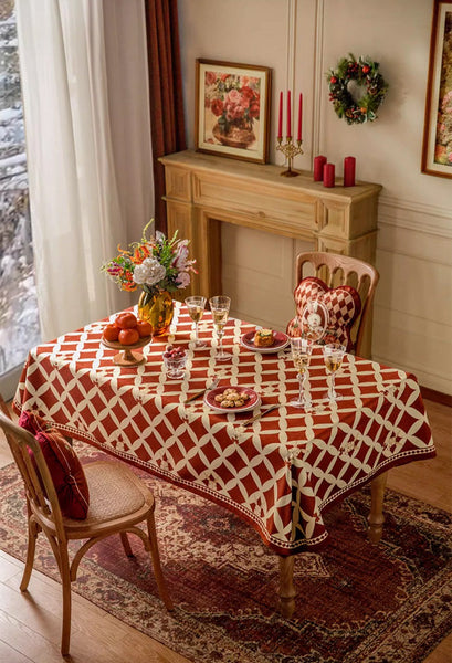 Holiday Red Tablecloth for Dining Table, Rabbit Pattern Table Cover for Dining Room Table, Modern Rectangle Tablecloth for Oval Table-Silvia Home Craft