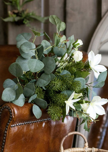 Eucalyptus Globulus, Clematis, White Rose Flowers, Unique Flower Arrangement for Home Decoration, Beautiful Modern Artificial Flowers for Dining Room Table-Silvia Home Craft