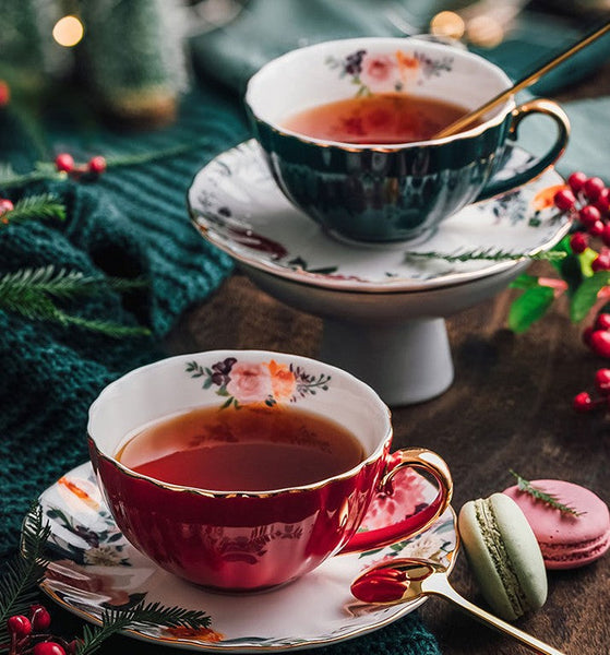 Elegant Ceramic Coffee Cups, Beautiful British Tea Cups, Creative Porcelain Tea Cup Saucer Set, 6.8 oz Tea Cup and Saucer in Gift Box-Silvia Home Craft