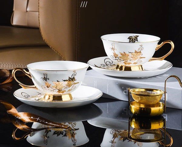 Elegant British Ceramic Coffee Cups, 7.4 oz Golden Leaves and Grapes Porcelain Tea Cup Saucer Set, Unique British Tea Cup and Saucer in Gift Box-Silvia Home Craft