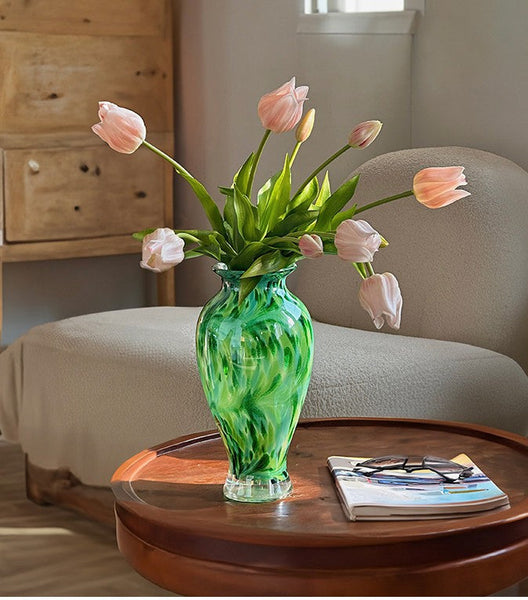 Large Green Glass Flower Vases, Modern Glass Flower Vases, Water Holding Flower Vases, Handmade Flower Vases on Table-Silvia Home Craft