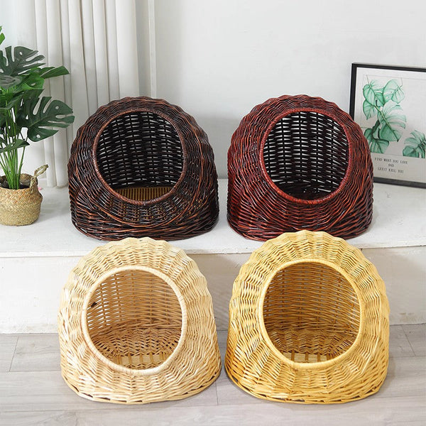 Hand woven Rattan Cat Bed, Natural Wicker Cat House Basket with Washable Cushion for Indoor Cats and Dogs-Silvia Home Craft