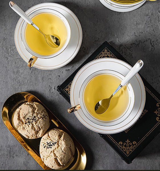 Porcelain Tea Cup Saucer Set, White Ceramic Cups, 7.8 oz British Ceramic Coffee Cups, Unique Tea Cup and Saucer in Gift Box-Silvia Home Craft