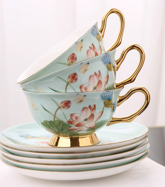 Lotus Flower Porcelain Tea Cup Saucer Set, Unique British Tea Cup and Saucer in Gift Box, Elegant British Ceramic Coffee Cups-Silvia Home Craft