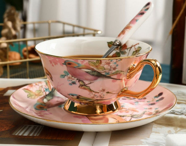 Unique Tea Cup and Saucer in Gift Box, Lovely Birds Ceramic Cups, 8 oz Ceramic Coffee Cups, Afternoon Porcelain Tea Cup Set-Silvia Home Craft