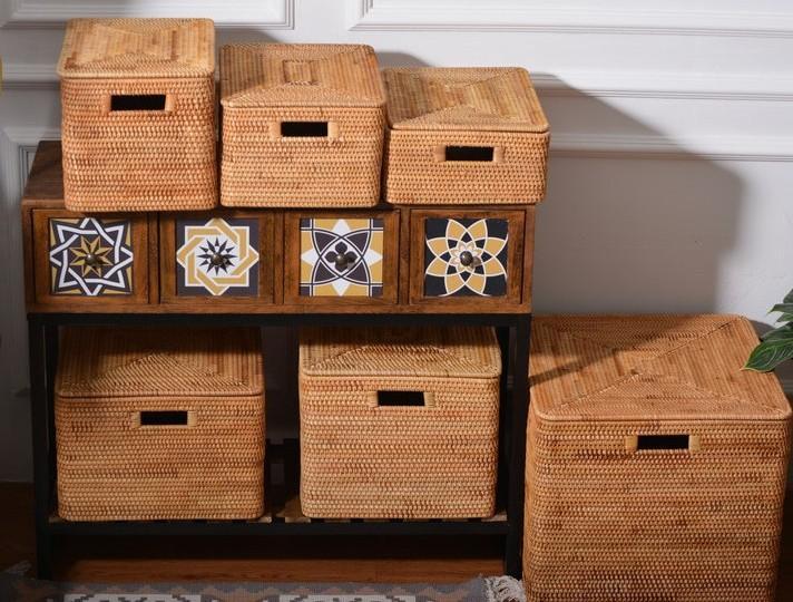Handmade Rectangular Basket With Lip, Rattan Storage Basket for Kitchen and Bedroom, Rustic Living Room Woven Bin, Natural Fiber Shelf Basket, Farmhouse Storage