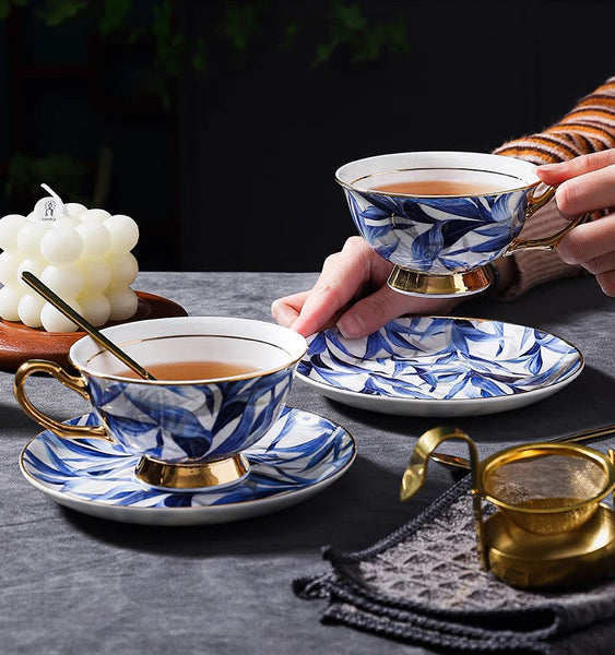 Unique British Tea Cup and Saucer in Gift Box, Blue Porcelain Tea Cup Saucer Set, 7.4 oz British Ceramic Coffee Cups-Silvia Home Craft