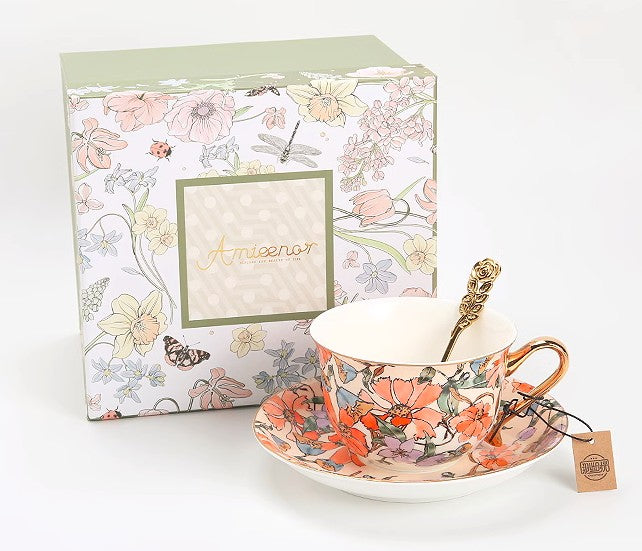Elegant Ceramic Coffee Cups, Flower Bone China Porcelain Tea Cup Set, British Royal Ceramic Cups for Afternoon Tea, Unique Tea Cup and Saucer in Gift Box-Silvia Home Craft