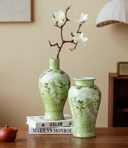 Centerpiece Ceramic Bud Vases, Large Flower Vases on Table, Green Porcelain Flower Vases, Handmade Water Holding Flower Vase-Silvia Home Craft