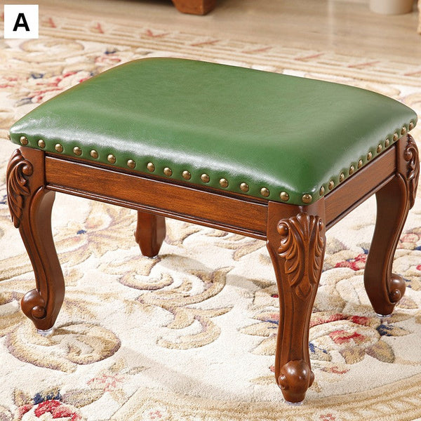 Genuine Leather Solid Wood Entry Bench, Vanity Stool, Solid Wood Ottoman, Rubberwood Entry Bench, Vintage Entry Stool-Silvia Home Craft