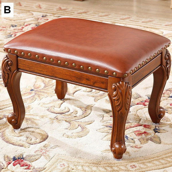 Genuine Leather Solid Wood Entry Bench, Vanity Stool, Solid Wood Ottoman, Rubberwood Entry Bench, Vintage Entry Stool-Silvia Home Craft