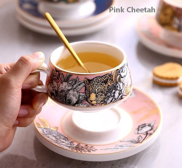 Unique Ceramic Cups with Gold Trim and Gift Box, Creative Ceramic Tea Cups and Saucers, Jungle Tiger Cheetah Porcelain Coffee Cups-Silvia Home Craft