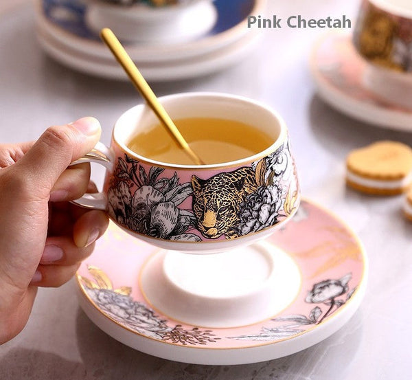 Handmade Ceramic Cups with Gold Trim and Gift Box, Jungle Tiger Cheetah Porcelain Coffee Cups, Creative Ceramic Tea Cup and Saucer-Silvia Home Craft