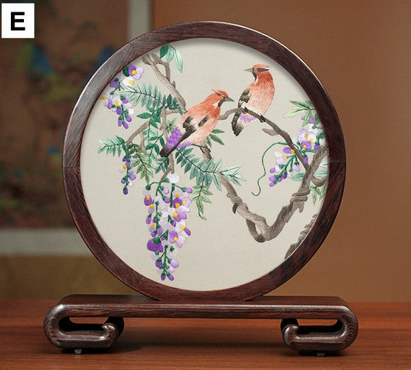 Creative Birthday Gift, Premium Souvenir, Elegant Silk Embroidery Ornaments, Traditional Chinese Suzhou Flower and Birds Silk Embroidery, Exclusive Business Presents-Silvia Home Craft