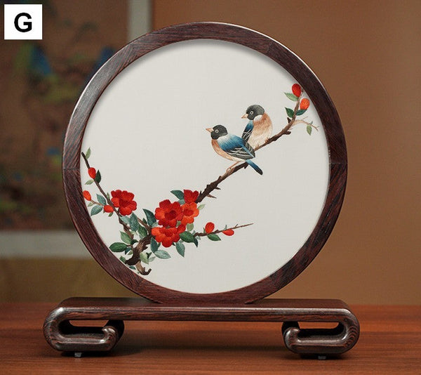 Creative Birthday Gift, Premium Souvenir, Elegant Silk Embroidery Ornaments, Traditional Chinese Suzhou Flower and Birds Silk Embroidery, Exclusive Business Presents-Silvia Home Craft