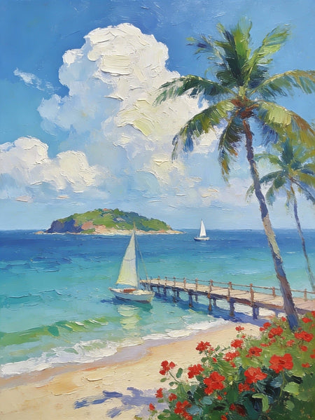 Canvas Paintings, Tropical Beach Retreat, Palm Trees, Sailboats, and Floral Paths, Original Artwork Small Paintings, Hand Painted Canvas Art, On Canvas Small Paintings, Palette Knife Artwork, Landscape Artwork-Silvia Home Craft
