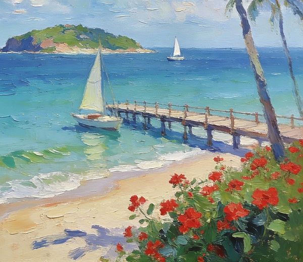 Canvas Paintings, Tropical Beach Retreat, Palm Trees, Sailboats, and Floral Paths, Original Artwork Small Paintings, Hand Painted Canvas Art, On Canvas Small Paintings, Palette Knife Artwork, Landscape Artwork-Silvia Home Craft