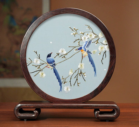 Creative Birthday Gift, Premium Souvenir, Elegant Silk Embroidery Ornaments, Traditional Chinese Suzhou Flower and Birds Silk Embroidery, Exclusive Business Presents-Silvia Home Craft