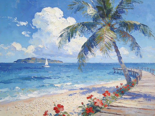 Tropical Beach, Palm, Dock and Sailboat, Original Wall Paintings, Original Artwork Small Paintings, Small Landscape Paintings, On Canvas Small Paintings, Small Canvas Art-Silvia Home Craft