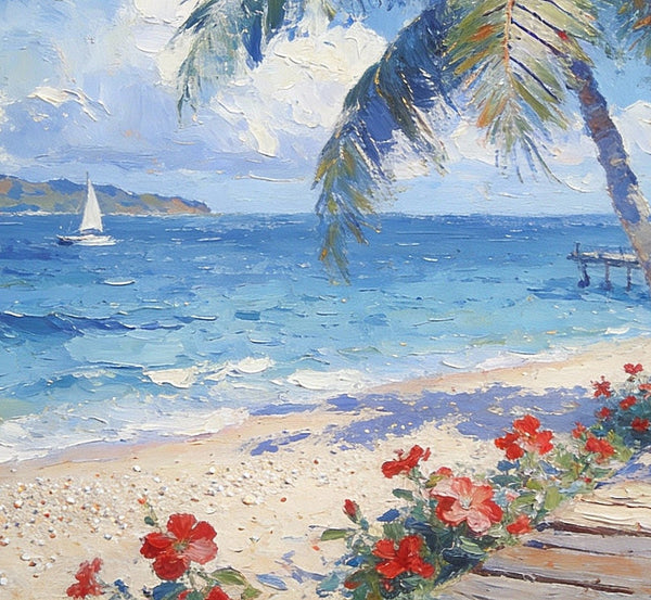Tropical Beach, Palm, Dock and Sailboat, Original Wall Paintings, Original Artwork Small Paintings, Small Landscape Paintings, On Canvas Small Paintings, Small Canvas Art-Silvia Home Craft