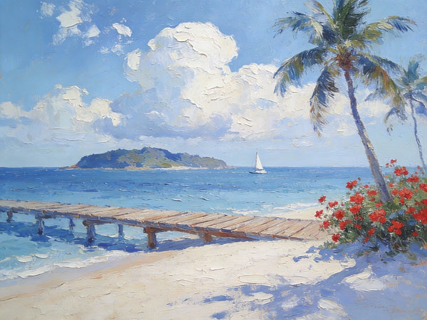 Simple Painting Ideas, Tropical Beach with Palm Trees and Dock, Small Wall Art on Canvas, Landscape Canvas Paintings, Impasto Wall Art Paintings, Original Oil Paintings-Silvia Home Craft
