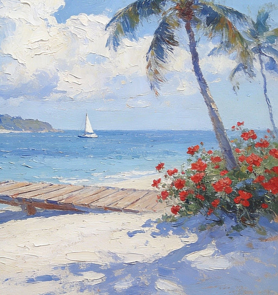 Simple Painting Ideas, Tropical Beach with Palm Trees and Dock, Small Wall Art on Canvas, Landscape Canvas Paintings, Impasto Wall Art Paintings, Original Oil Paintings-Silvia Home Craft