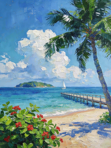 Original Small Paintings, Tropical Beach Retreat, Palm Tree, Flowers, and Calm Seas, Small Oil Paintings, Landscape Artwork Canvas Paintings, Small Wall Paintings-Silvia Home Craft