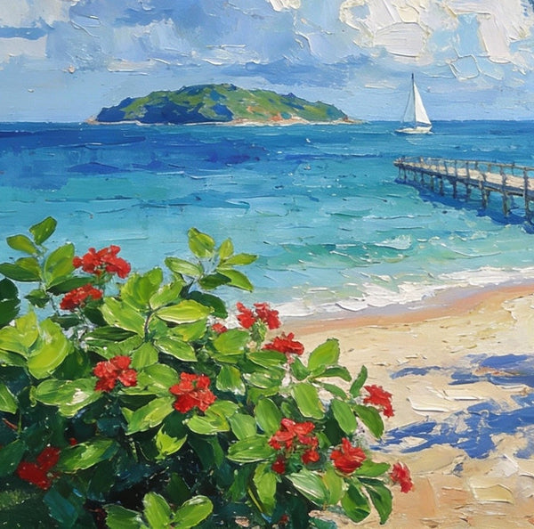 Original Small Paintings, Tropical Beach Retreat, Palm Tree, Flowers, and Calm Seas, Small Oil Paintings, Landscape Artwork Canvas Paintings, Small Wall Paintings-Silvia Home Craft
