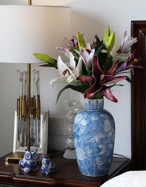 Large Flower Vases on Dining Table, Blue Porcelain Flower Vases, Centerpiece Ceramic Bouquet Vases, Handmade Modern Flower Vase-Silvia Home Craft