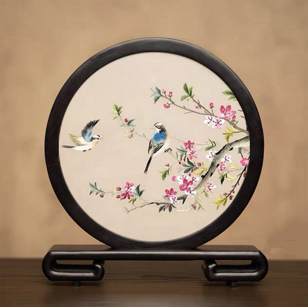 Exclusive Business Present, Flower and Bird Embroidered Decor, Unique Birthday Gift, Traditional Chinese Suzhou Embroidery Ornament, Premium Souvenir-Silvia Home Craft