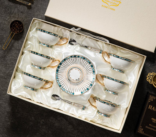 Unique Tea Cup and Saucer in Gift Box, Elegant British Ceramic Coffee Cups, Bone China Porcelain Tea Cup Set for Office, Green Ceramic Cups-Silvia Home Craft