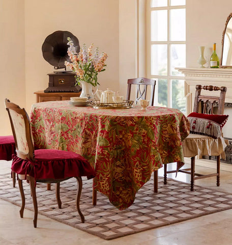 Large Modern Rectangle Tablecloth for Dining Table, Flower Pattern Red Table Covers for Round Table, Farmhouse Table Cloth for Oval Table-Silvia Home Craft
