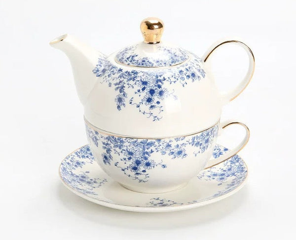 Mother and Baby Teapot with Matching Saucer British Style Porcelain Teapot with Matching Cup and Saucer in Gift Box, Ceramic Tea Pot with Integrated Cup, Stackable Teapot and Cup Set-Silvia Home Craft