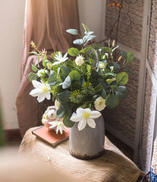 Eucalyptus Globulus, Clematis, White Rose Flowers, Unique Flower Arrangement for Home Decoration, Beautiful Modern Artificial Flowers for Dining Room Table-Silvia Home Craft