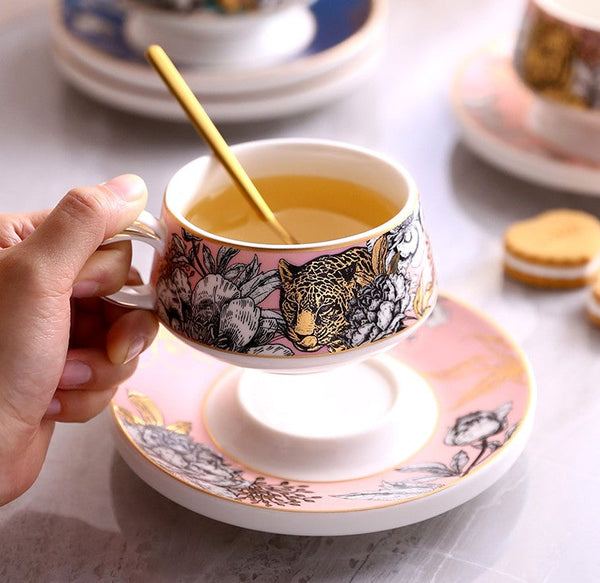 Jungle Tiger Cheetah Porcelain Tea Cups, Creative Ceramic Cup and Saucer, Unique Ceramic Coffee Cups with Gold Trim and Gift Box-Silvia Home Craft