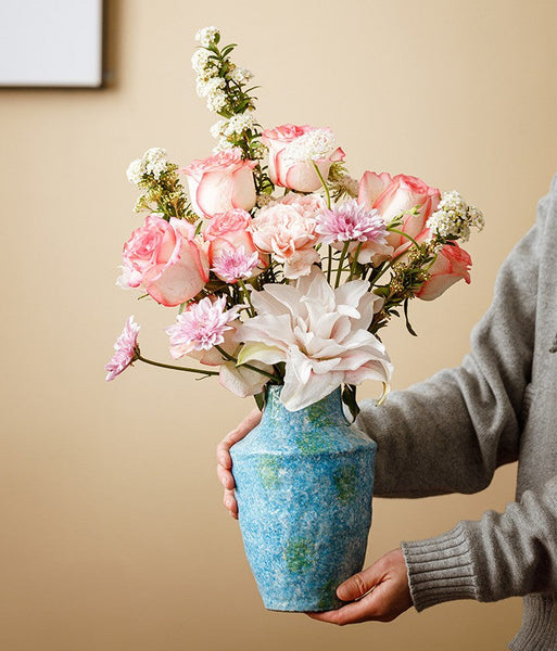 Pottery Flower Vases, Modern Bouquet Flower Vases, Centerpiece on Dining Table, Blue Flower Vase on Table, Handmade Water Holding Flower Vases-Silvia Home Craft