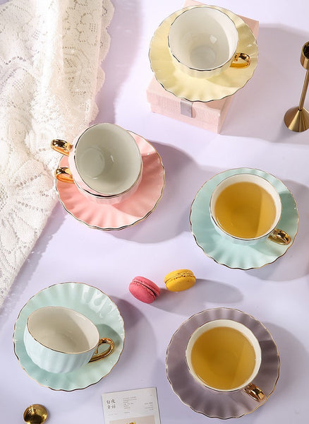 Elegant Macaroon Ceramic Coffee Cups, Beautiful British Tea Cups, Creative Porcelain Tea Cup Saucer Set of 2 Cups, 6.8 oz Tea Cup and Saucer in Gift Box as Birthday Gift-Silvia Home Craft