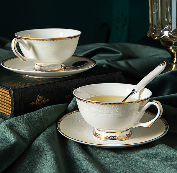 Porcelain Coffee Cup Set, White Ceramic Cups, 7.8 oz British Ceramic Coffee Cups, Unique Tea Cup and Saucer in Gift Box-Silvia Home Craft