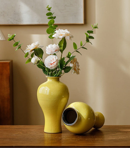 Porcelain Flower Vases, Handmade Water Holding Flower Vase, Yellow Flower Vases on Table, Ceramic Bud Vases-Silvia Home Craft