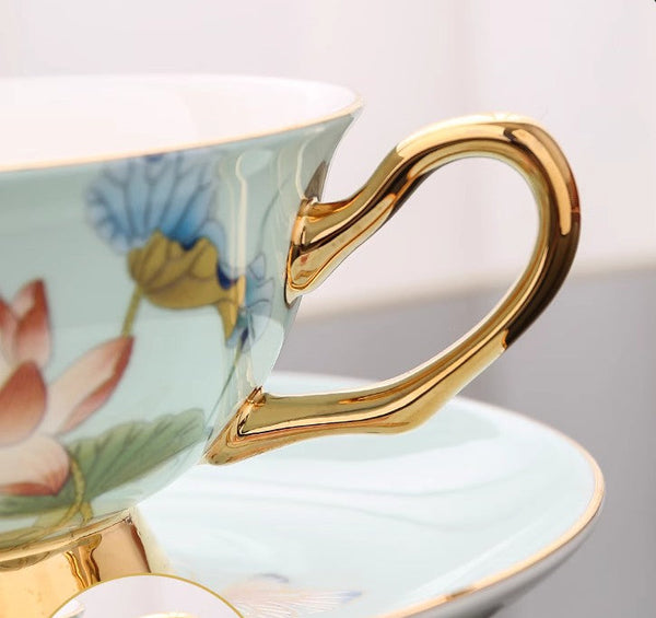 Unique British Tea Cup and Saucer in Gift Box, Lotus Flower Porcelain Tea Cup Saucer Set, Elegant British Ceramic Coffee Cups-Silvia Home Craft