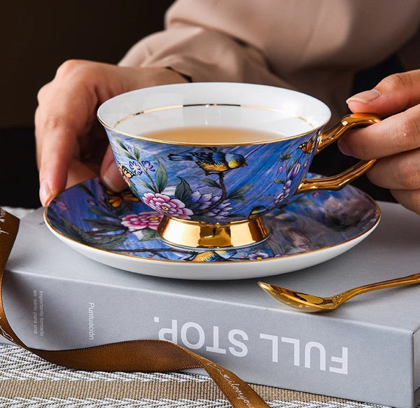 Blue Bird and Butterfly Porcelain Tea Cup Saucer Set, 7.4 oz British Tea Cup and Saucer in Gift Box, Elegant British Ceramic Coffee Cups-Silvia Home Craft