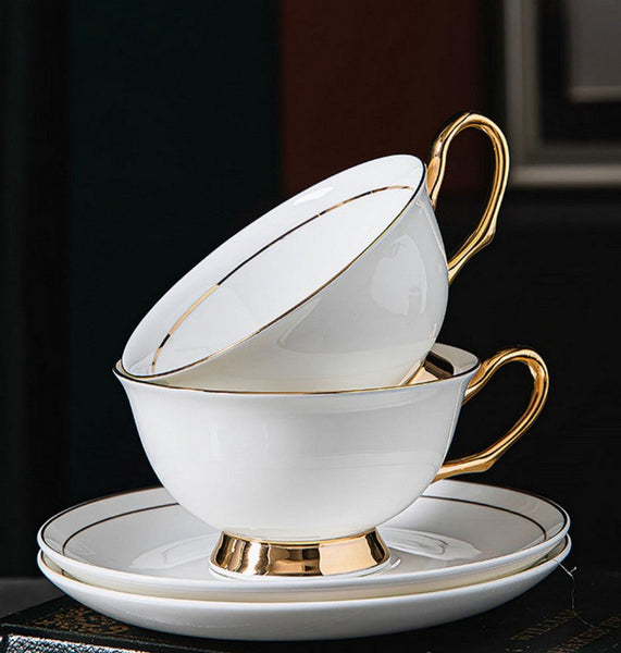 White Ceramic Cups, Elegant British Ceramic Coffee Cups, 7.8 oz Porcelain Tea Cup Saucer Set, Unique Tea Cup and Saucer in Gift Box-Silvia Home Craft