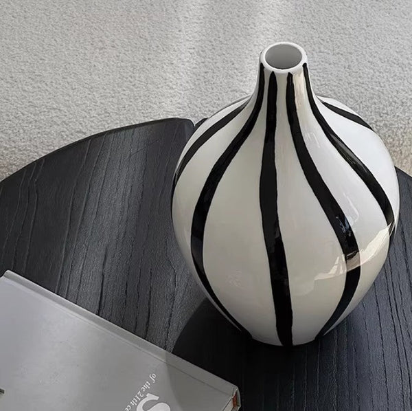 Porcelain Flower Vases, Modern Flower Vases on Table, Water Holding Flower Vases, Black and White Striped Ceramic Vase-Silvia Home Craft