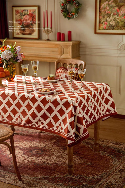 Holiday Red Tablecloth for Dining Table, Rabbit Pattern Table Cover for Dining Room Table, Modern Rectangle Tablecloth for Oval Table-Silvia Home Craft