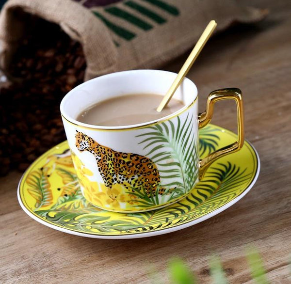 Coffee Cups with Gold Trim and Gift Box, Jungle Leopard Pattern Porcelain Coffee Cups, 7.4 oz Tea Cup and Saucer-Silvia Home Craft